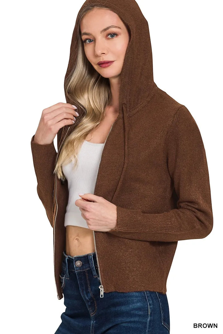 Brown Zenana Drawstring Zip Up Hooded Cardigan