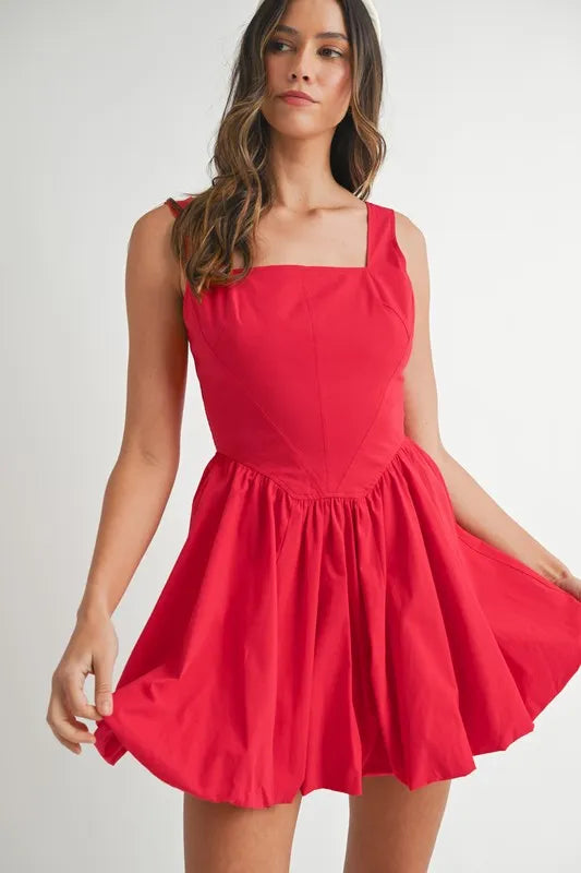 Red Mable Poplin Square Neckline Bubble Mini Dress
