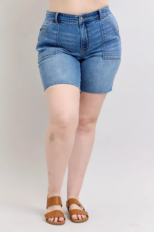Judy Blue Full Size Mid Rise Bermudas Denim Shorts W Back Flap Pockets Plus Size