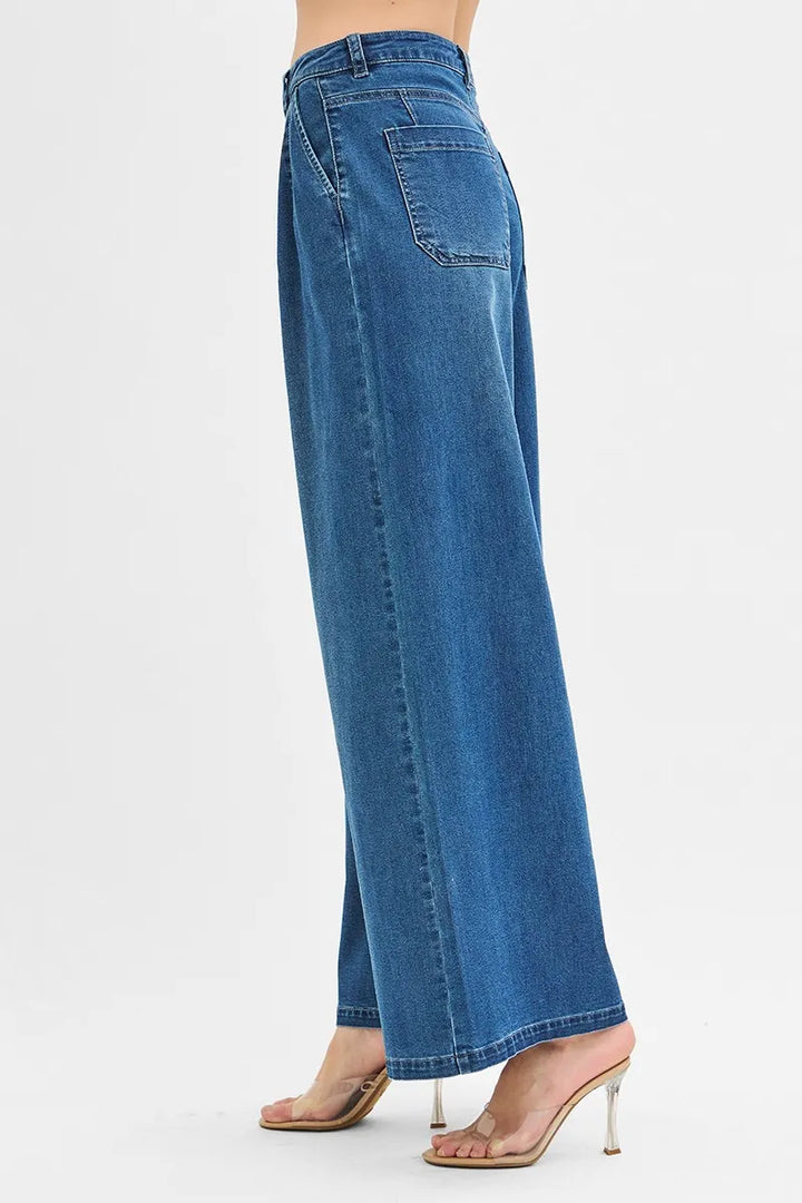 Medium Risen Mid Rise Fit Wide Leg Knit Denim Look Jeans