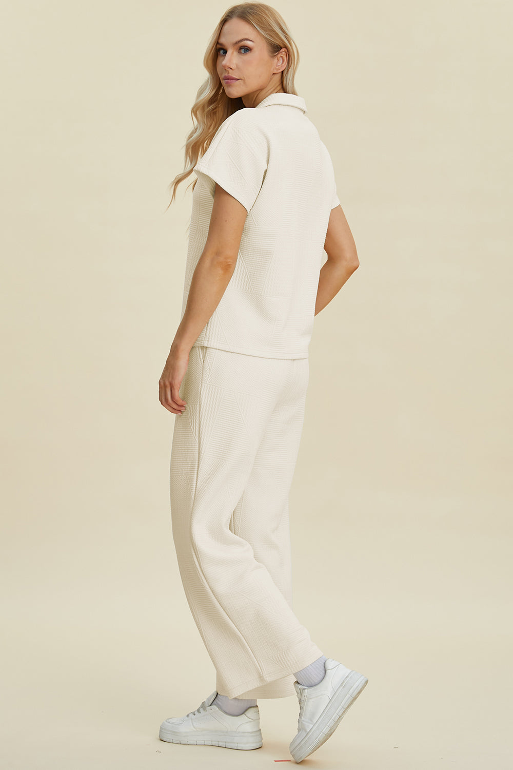 Cream Double Take Full Size Collared Neck Short Sleeve Top And Pants Set
