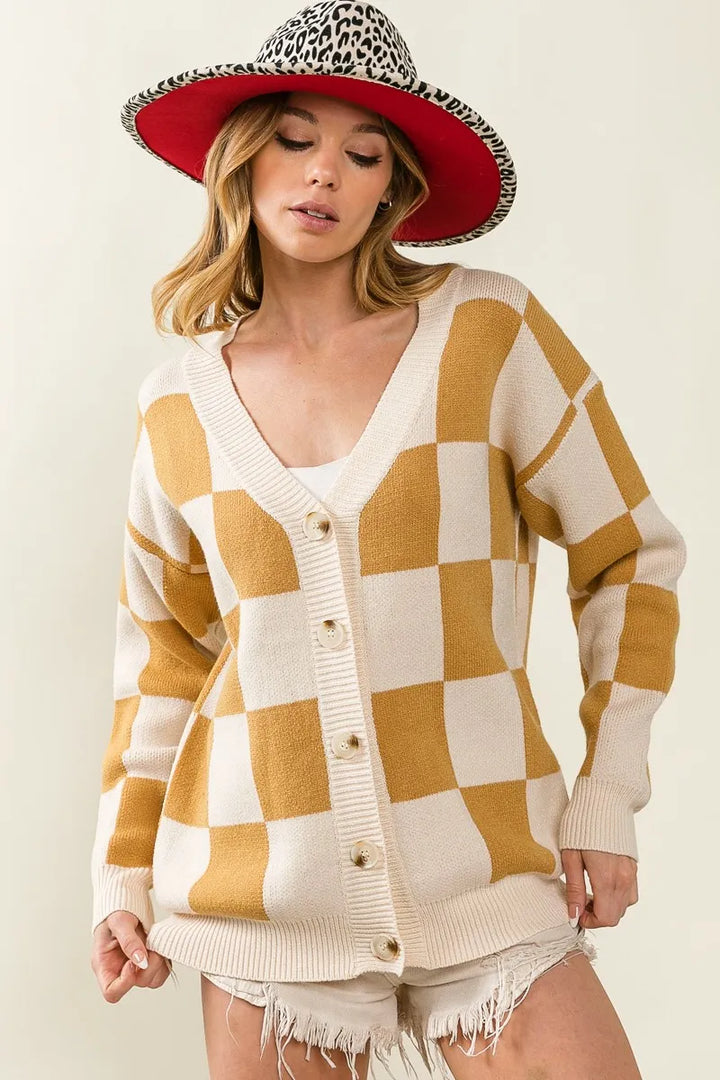 Bibi Checked V Neck Cardigan