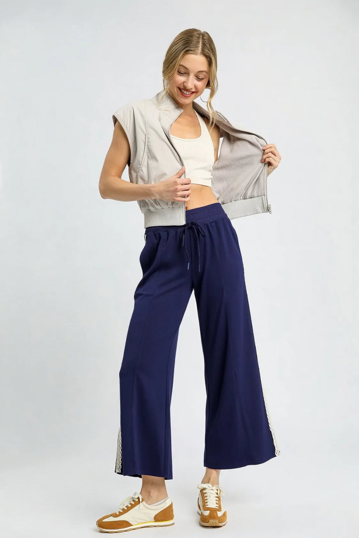 Umgee Wide Leg Pants With Lace Trim
