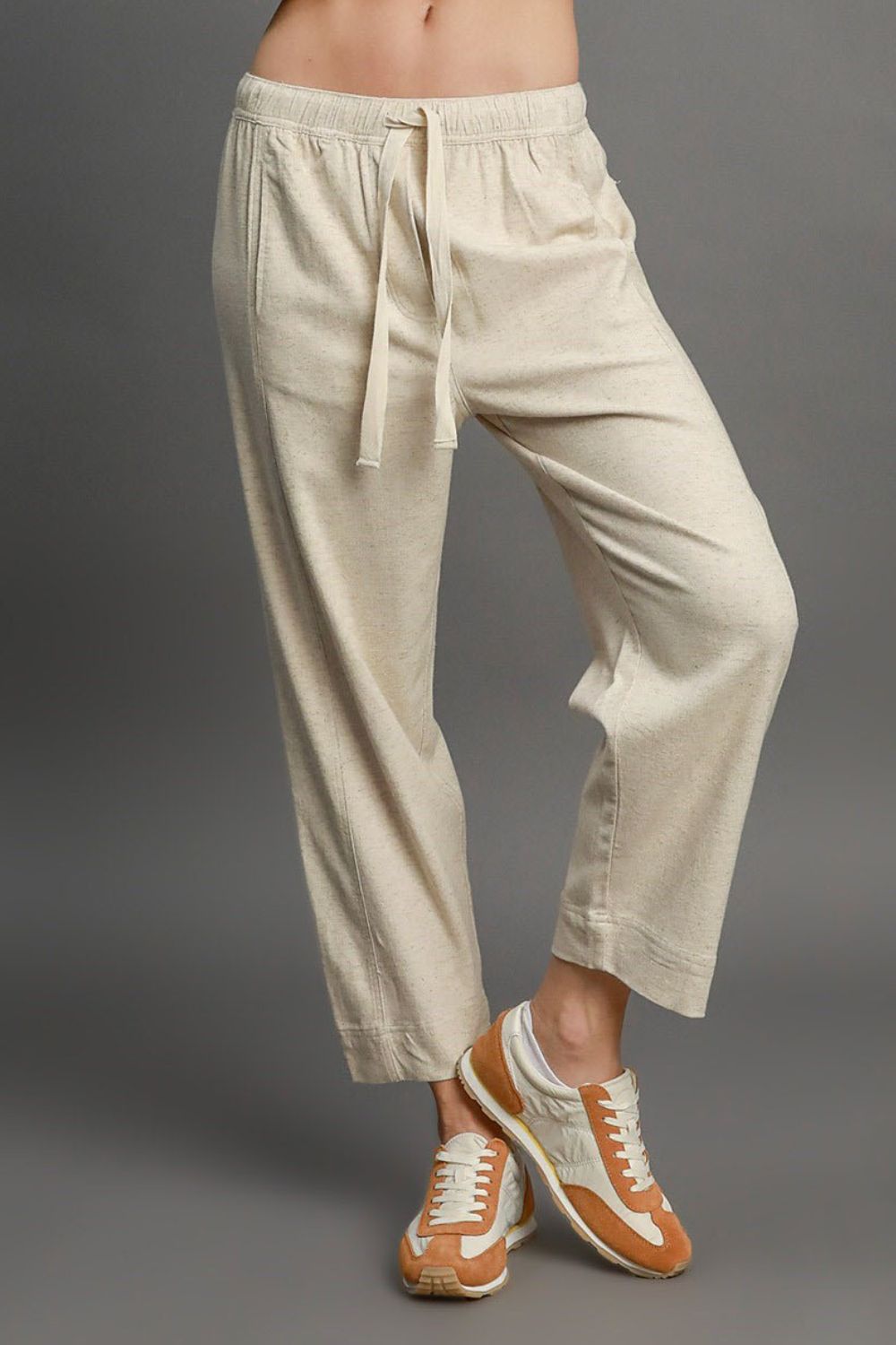 OATMEAL Umgee Full Size Drawstring Elastic Waistband Linen Blend Pants Plus Size