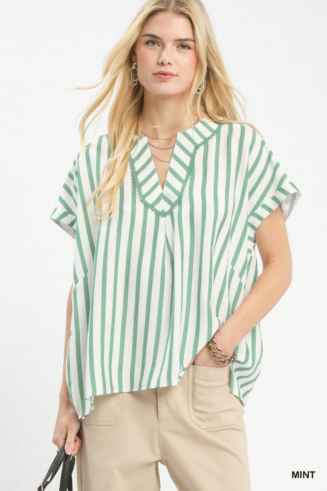 Mint Umgee Mixed Stripe Split Neck Oversized Blouse 1