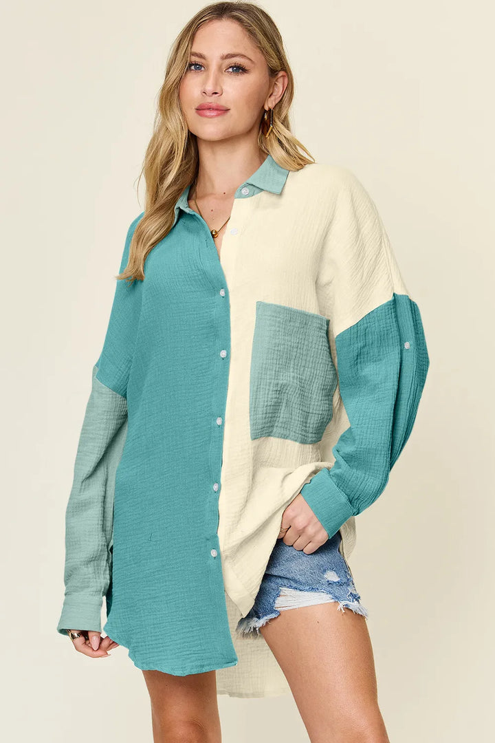 Teal Double Take Full Size Pocketed Texture Button Up Shirt
