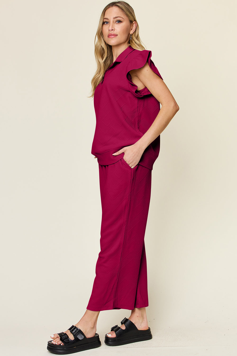 Royal Blue Double Take Texture Ruffle Short Sleeve Top And Drawstring Wide Leg Pants Set