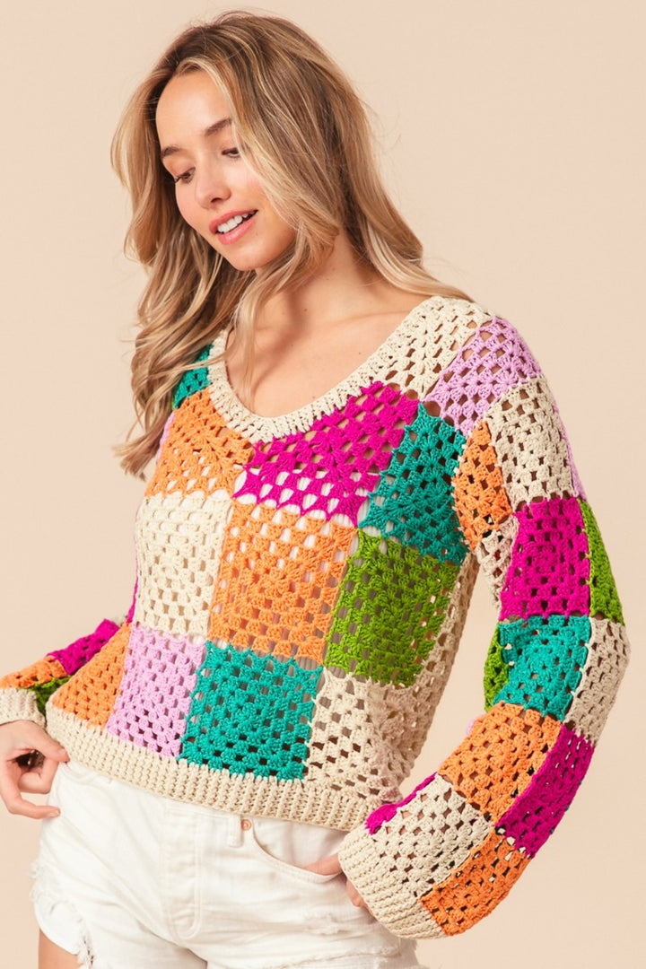 Oatmeal Multi Bibi Multi Color Checkered Long Sleeve Knit Top
