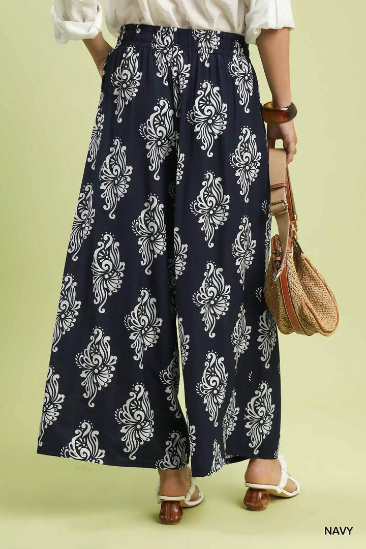 Navy Umgee Abstract Print Wide Leg Pants