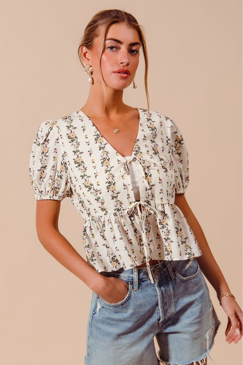 Ivory So Me Floral Print Tie Front Shirred Hem Blouse