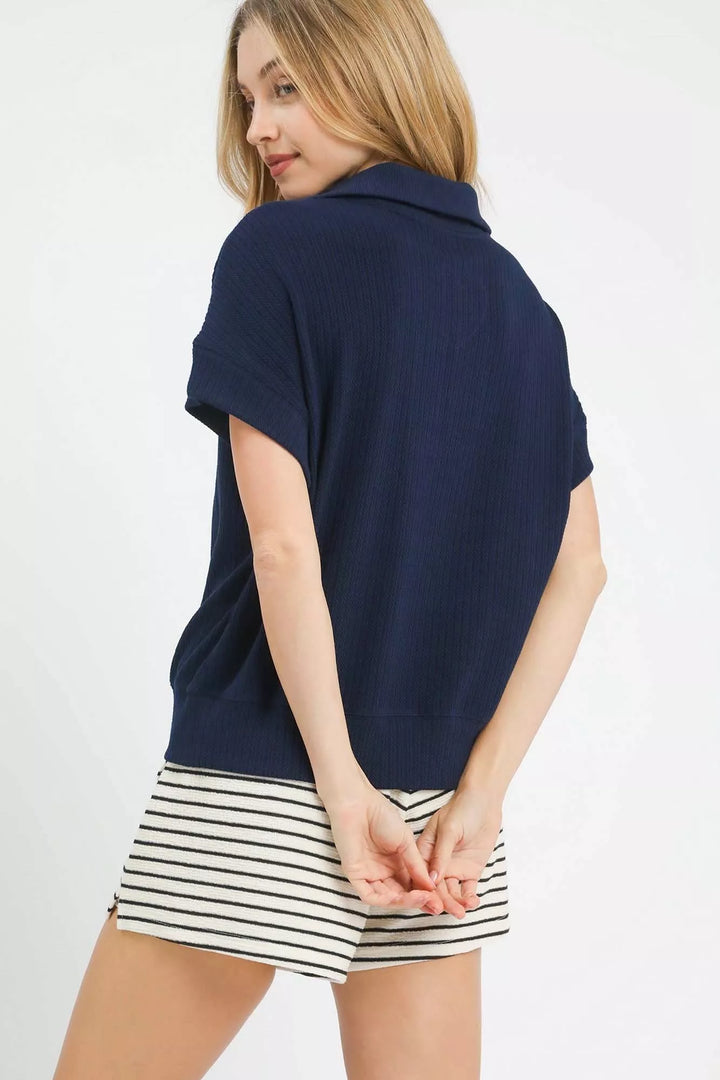Navy Umgee Textured Striped Zip Collar Knit Top