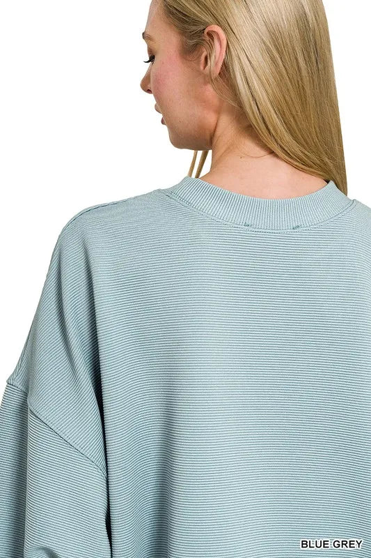 Blue Grey Zenana Ribbed Balloon Sleeve Sweatshirt