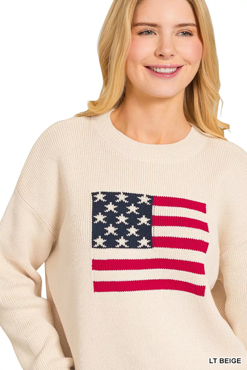 Lt Beige Zenana American Flag Crew Neck Sweater