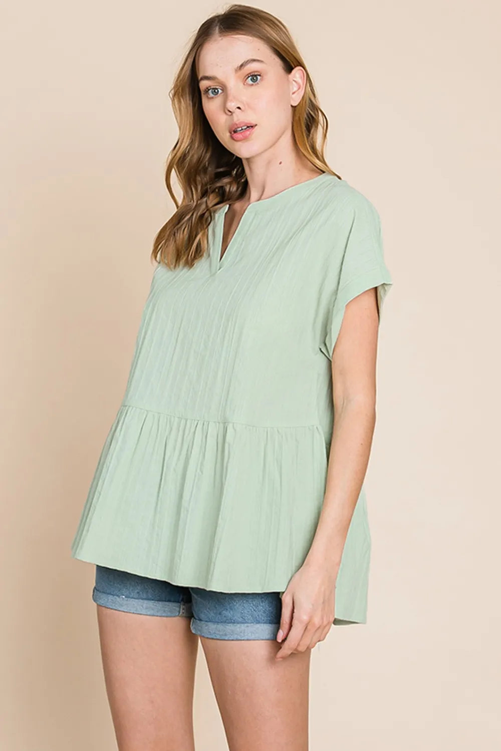 Sage Cotton Bleu By Nu Lab Ruched Notched Short Sleeve Blouse