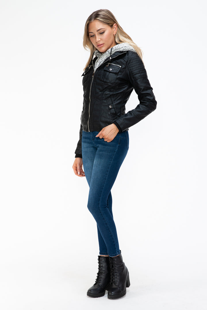 Ymi Removable Faux Layered Multi Pocket Jacket With Fuzzy Hood