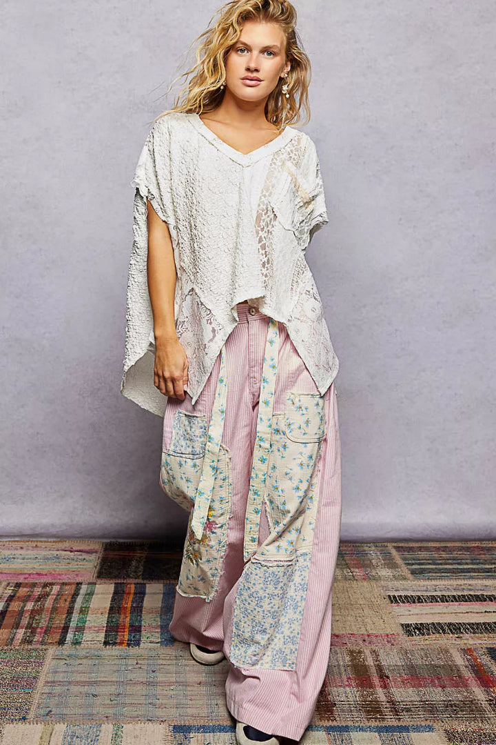 Pol Asymmetrical V Neck Short Sleeve Lace Top 1