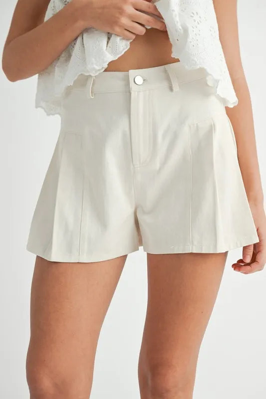 Ecru Mable Pleated High Waist Twill Shorts 1