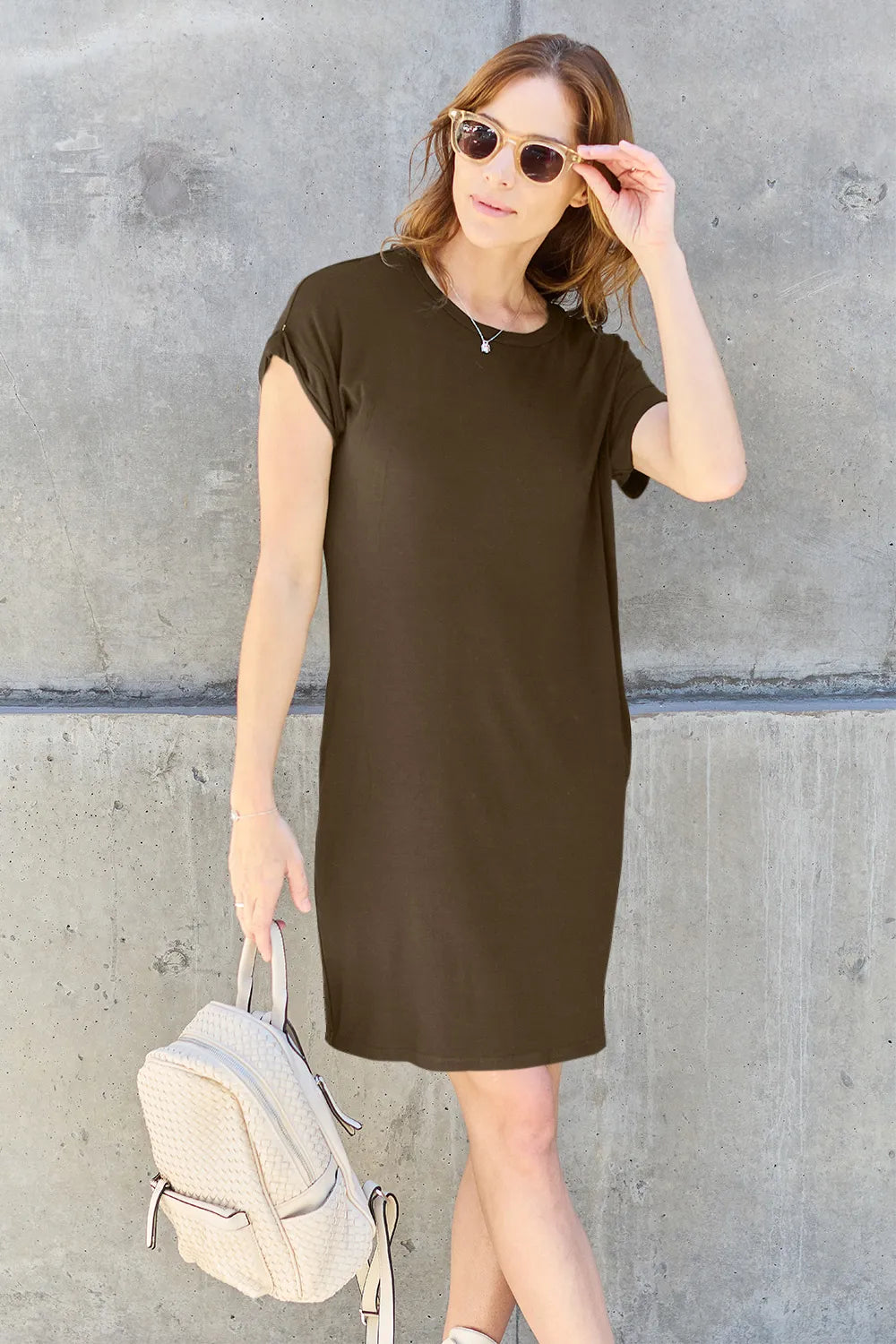 Mocha Basic Bae Full Size Round Neck Short Sleeve Dress With Pockets