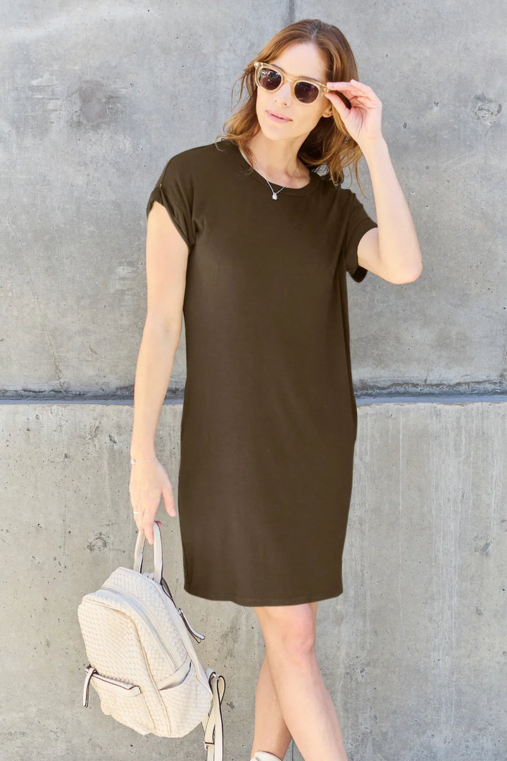 Mocha Basic Bae Full Size Round Neck Short Sleeve Dress With Pockets