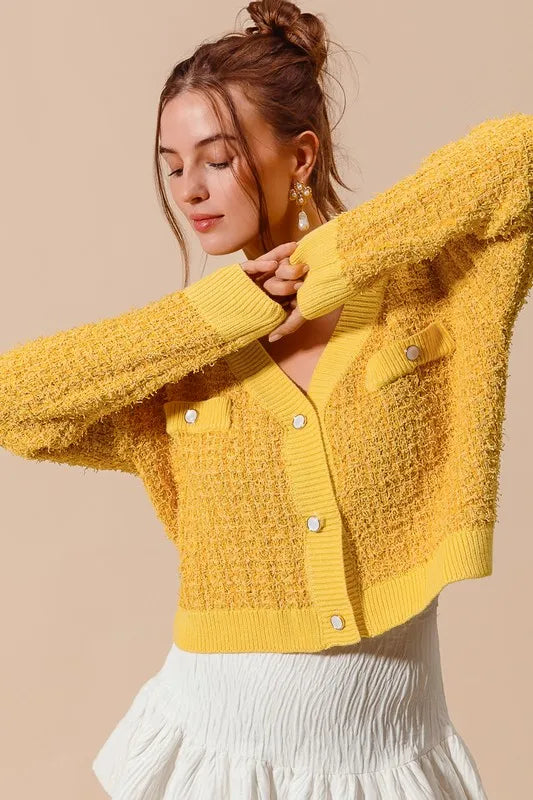 Mustard So Me Frayed Tweed Knit Buttoned Front Cardigan