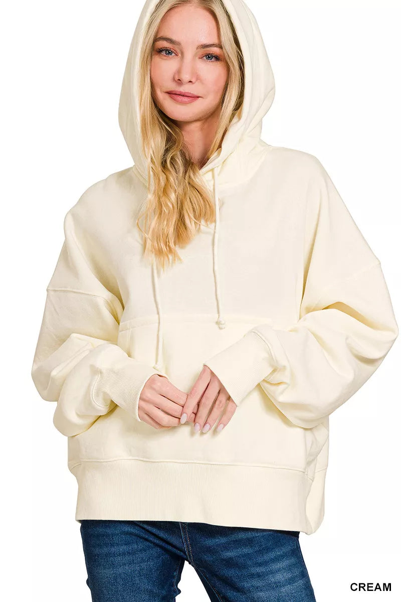 Cream Zenana Oversized Fleece Kangaroo Pocket Hoodie