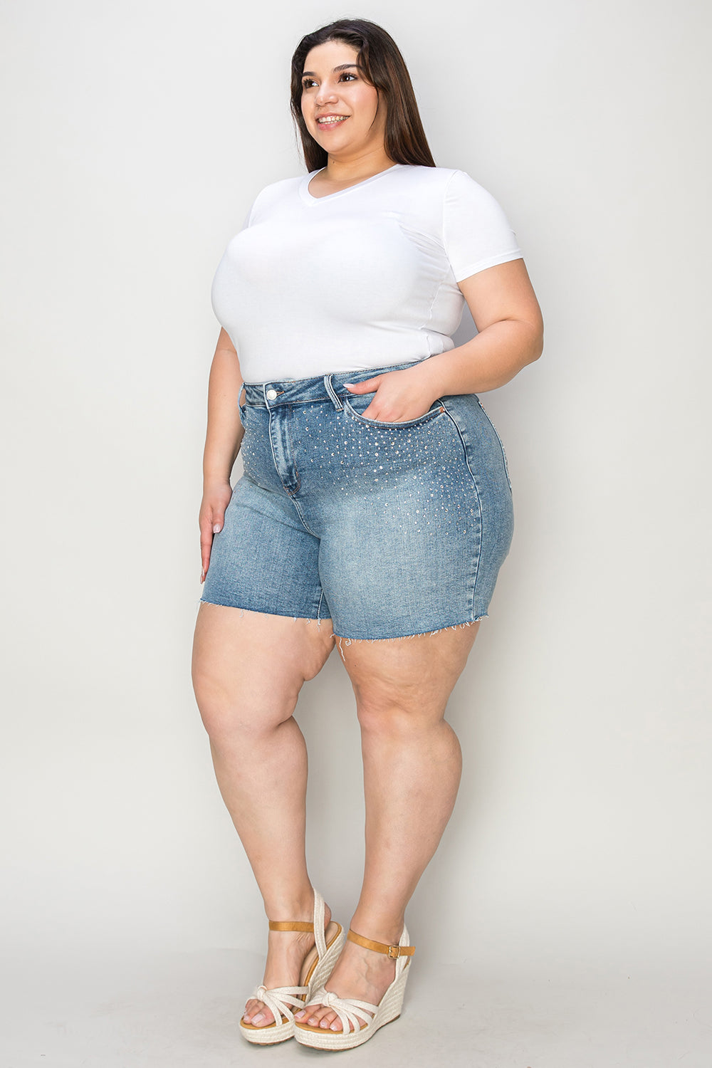 Light Judy Blue Full Size High Waist Rhinestone Decor Denim Shorts