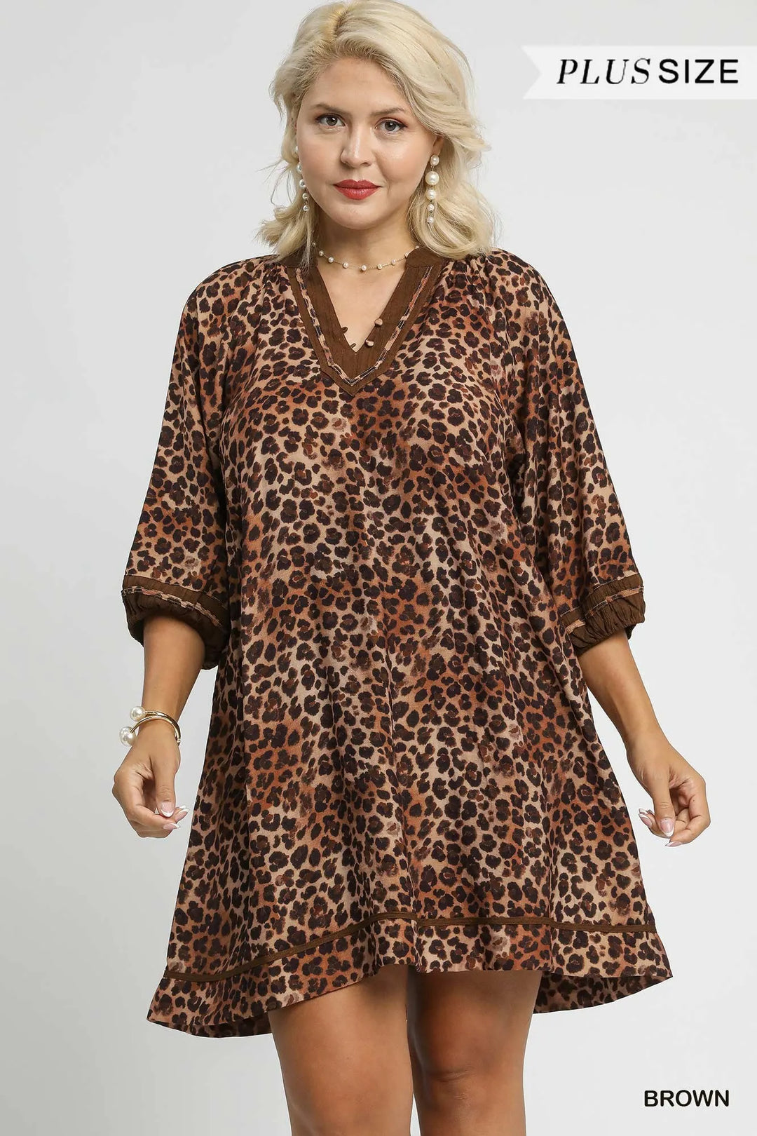 Umgee Full Size Leopard Print Mini Dress With Contrast Trim Plus Size