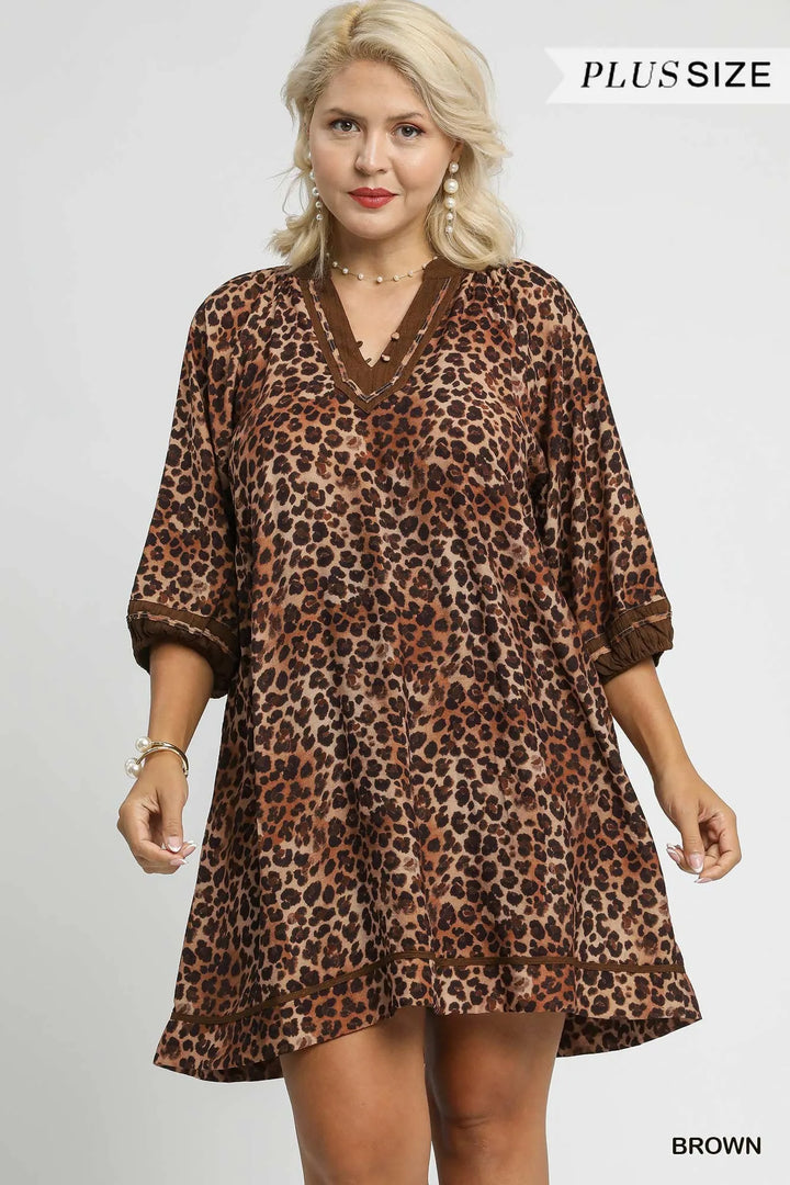 Umgee Full Size Leopard Print Mini Dress With Contrast Trim Plus Size