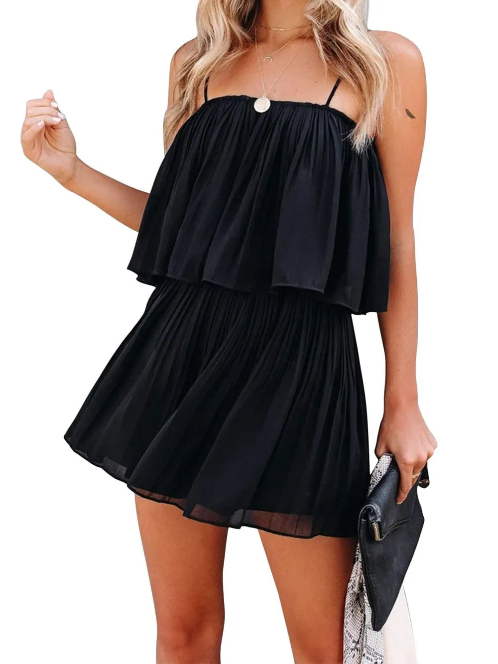 Black Ruched Spaghetti Strap Romper