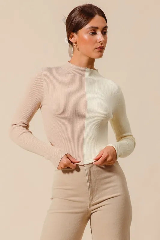Taupe/Ivory So Me Color Block Fitted Crop Sweater Top