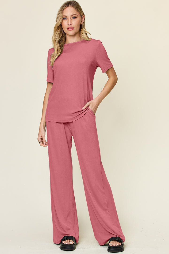 Black Double Take Full Size Round Neck Short Sleeve T Shirt And Wide Leg Pants Set