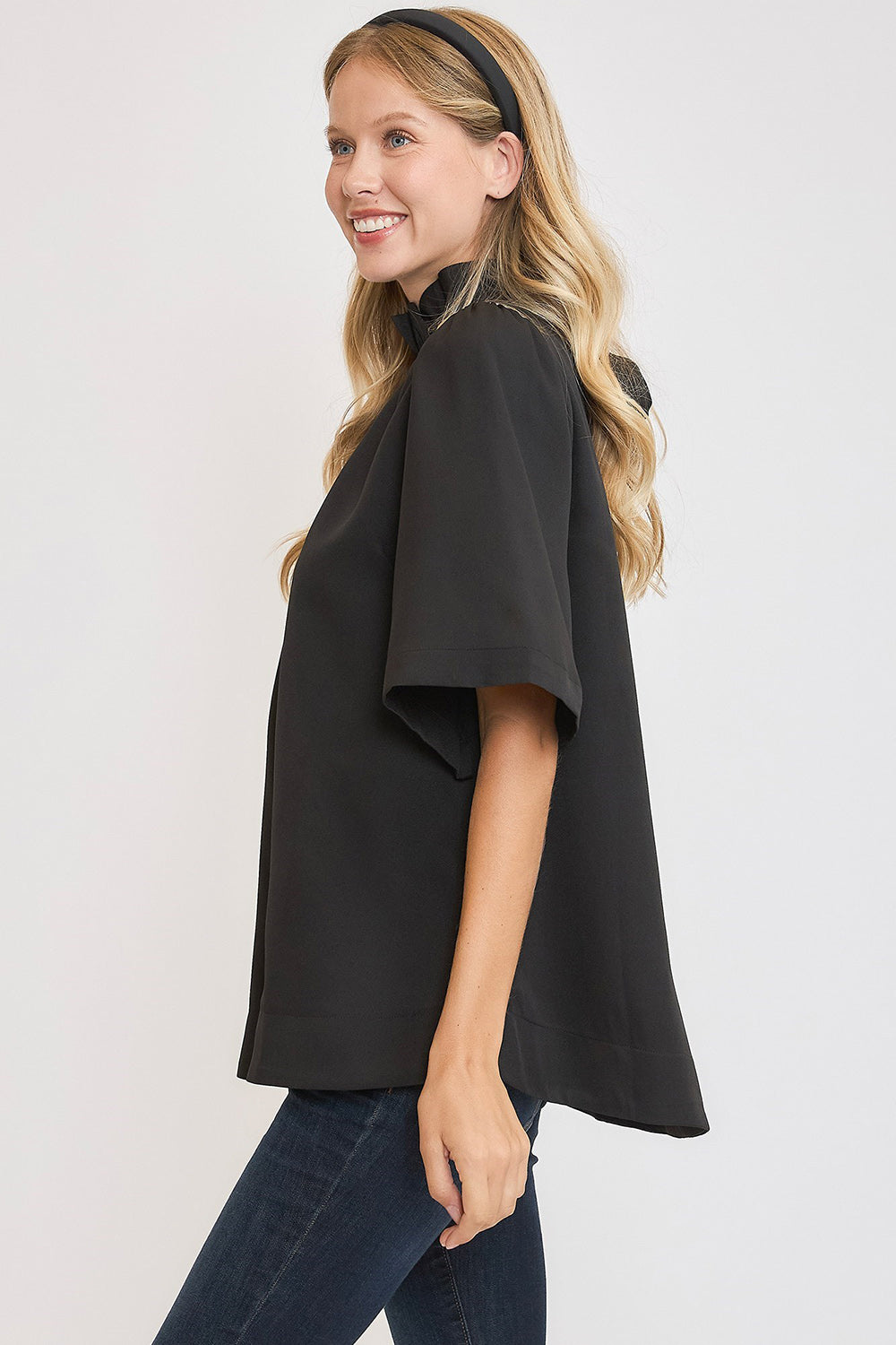 Black Umgee Bow Tie Back Mock Neck Half Sleeve Blouse