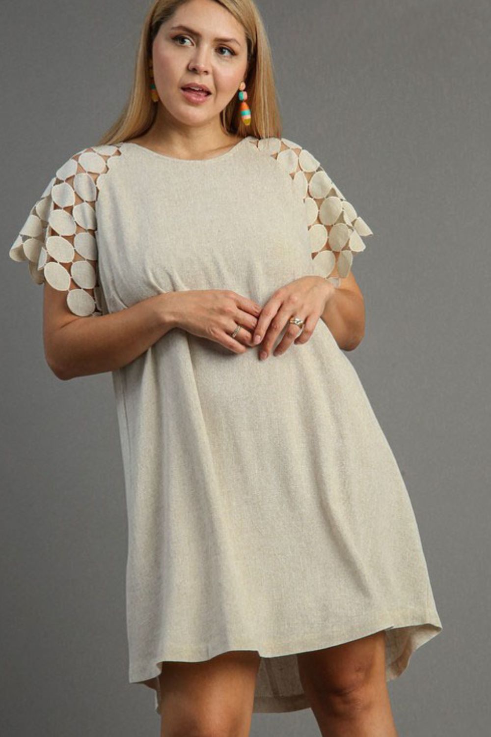 OATMEAL Umgee Full Size Round Neck Mini Dress Plus Size