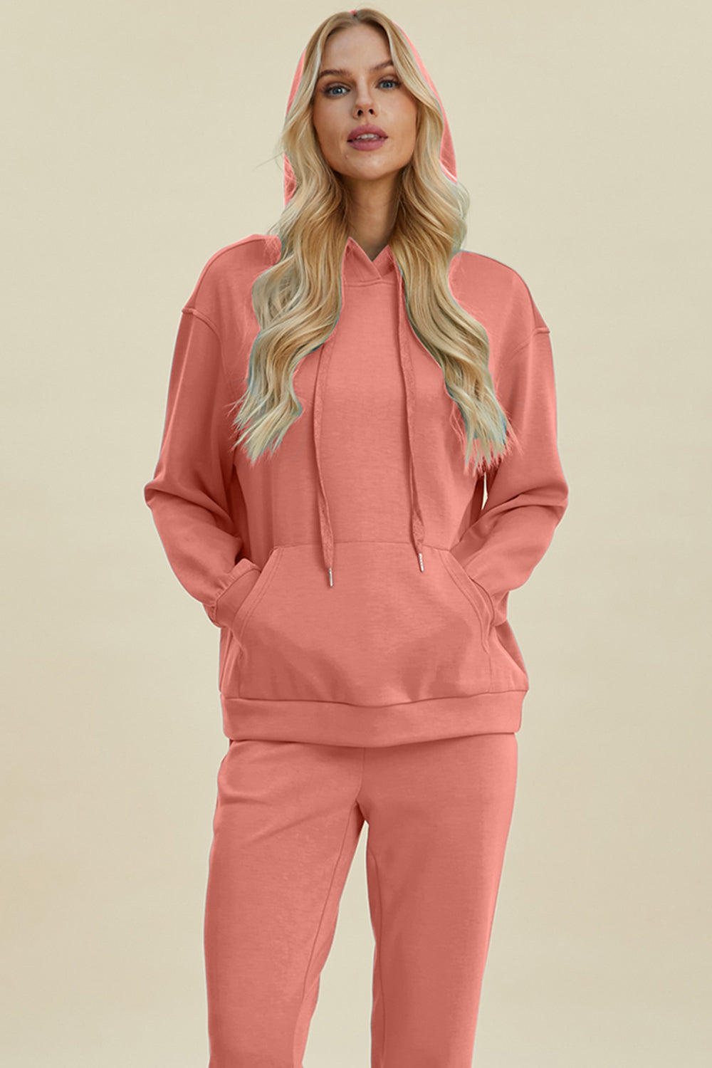 Coral Basic Bae Full Size Air Scuba Drawstring Long Sleeve Hoodie With Kangaroo Pocket