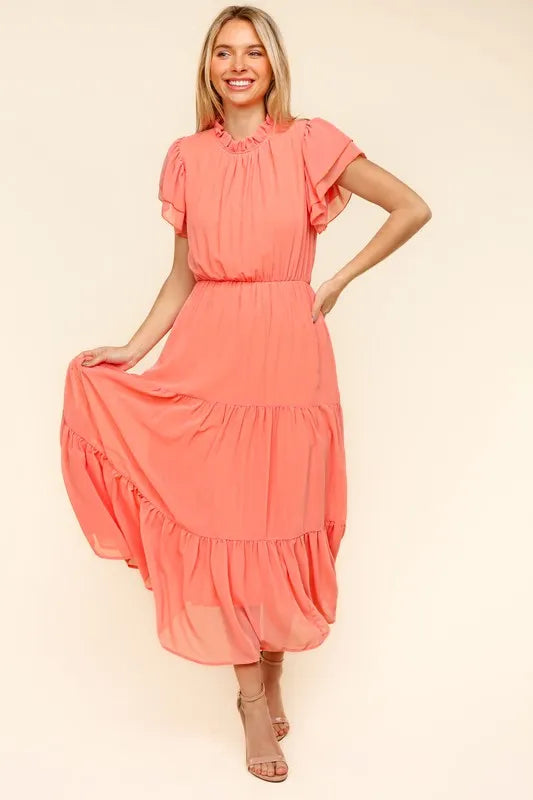 Peach Haptics Full Size Tiered Frill Mock Neck Short Sleeve Dress