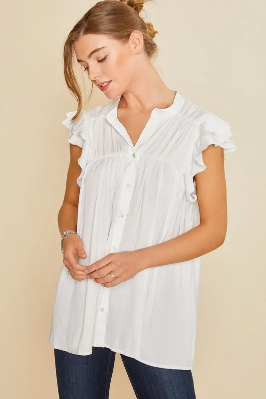 White Annie Wear Ruffle Sleeve Shirred Flowy Woven Tunic Shirts 1