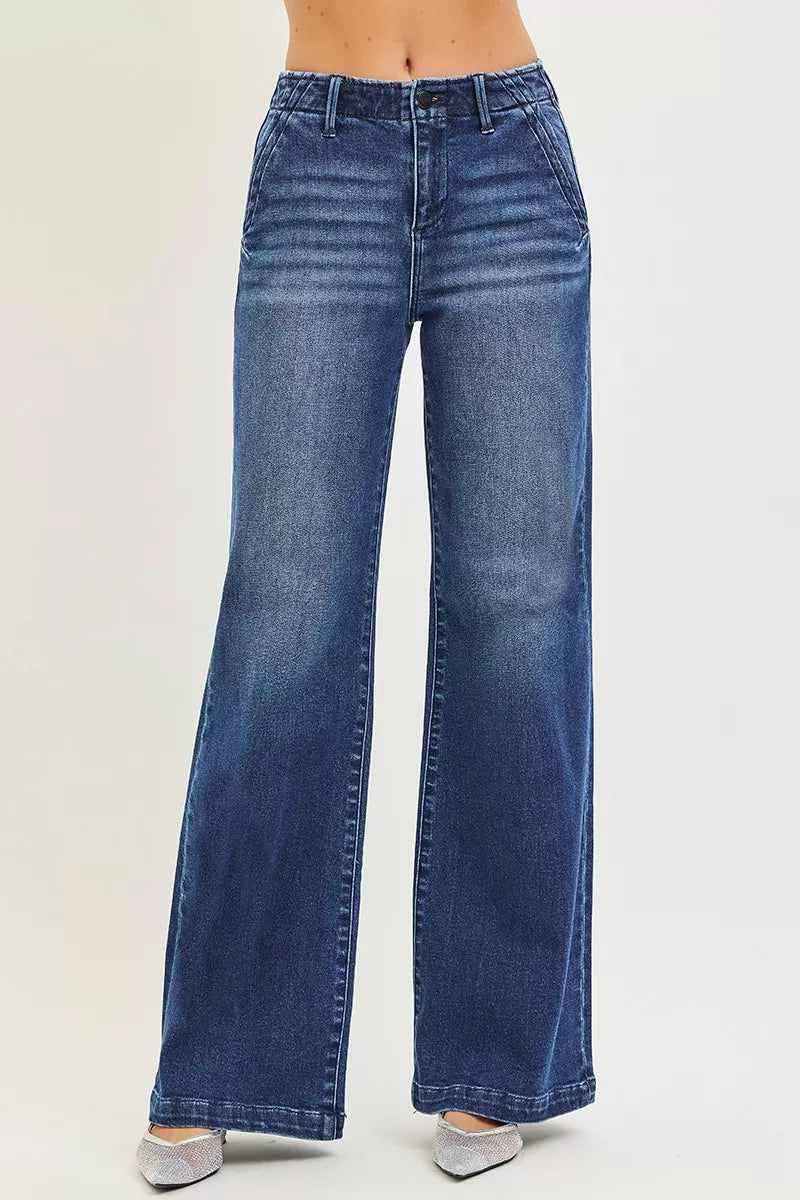 Dark Risen High Rise Wide Leg Slanted Pocket Jeans