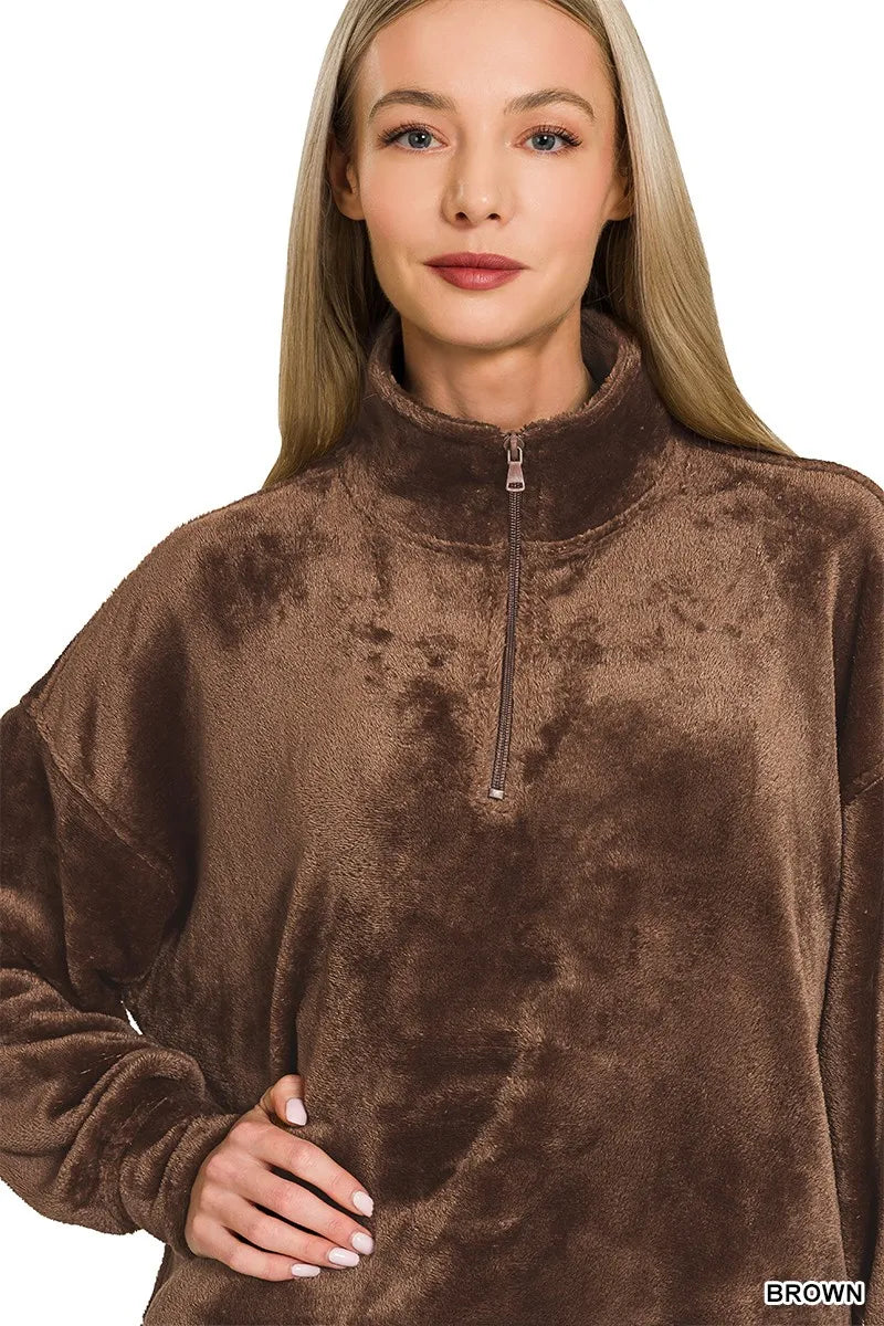 Brown Zenana Faux Fur Half Zip Pocket Pullover 1