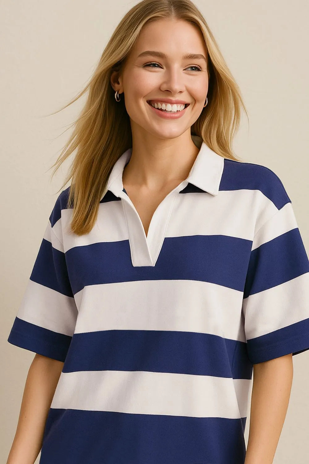 Dusty Blue Oh Pima Cotton Wash Color Block Johnny Collar Half Sleeve Top