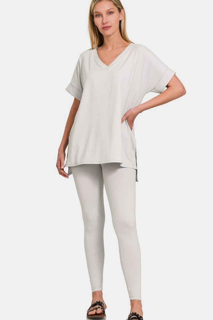 Lt Cement Zenana V Neck Rolled Short Sleeve T Shirt And Leggings Lounge Set 1