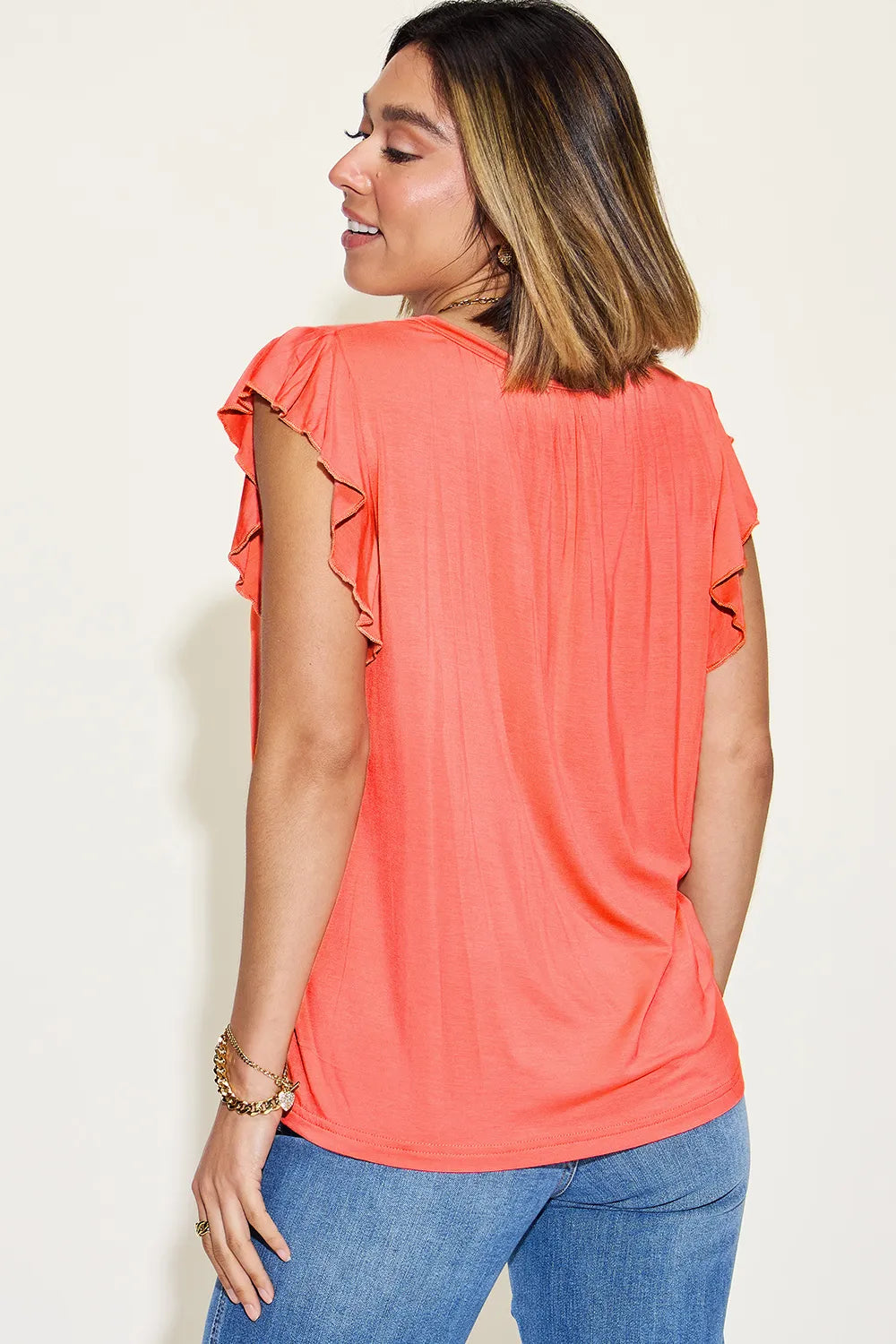 Coral Basic Bae Full Size Bamboo Notched Ruffled Short Sleeve T Shirt