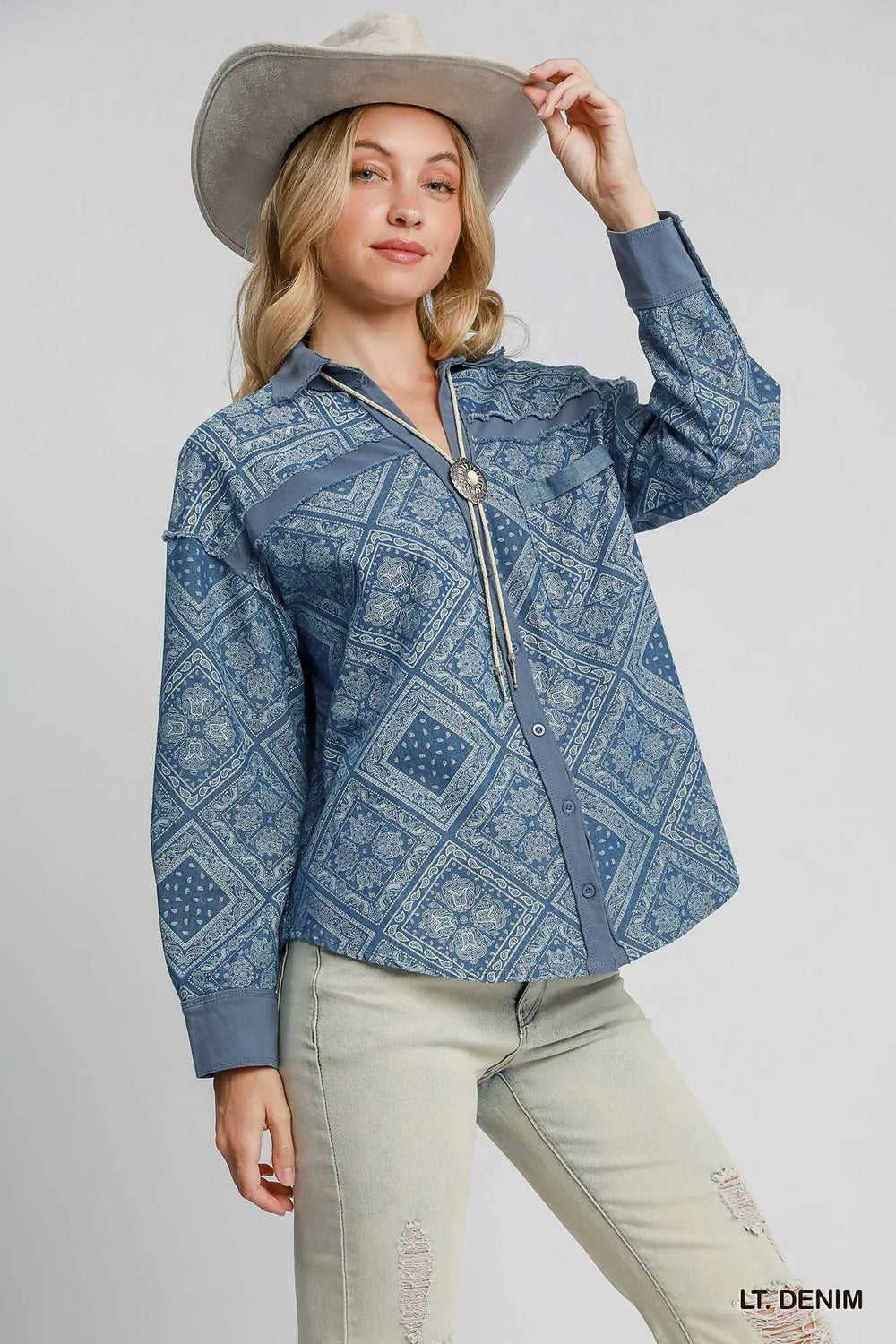 Lt. Denim Umgee Paisley Print Denim Shirt Jacket