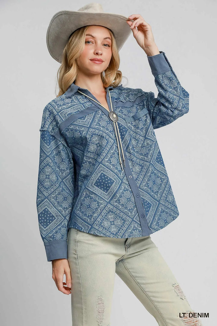 Lt. Denim Umgee Paisley Print Denim Shirt Jacket