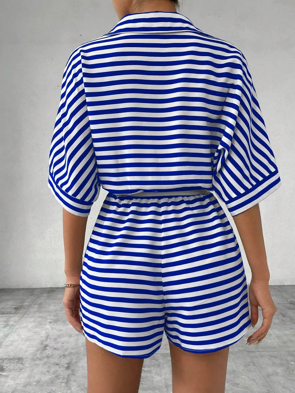 Royal Blue Tie Waist Half Button Striped Romper
