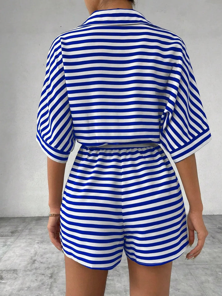 Royal Blue Tie Waist Half Button Striped Romper