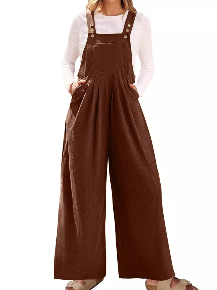 Brown Front Ruched Wide Leg Jumpsuit With Pockets