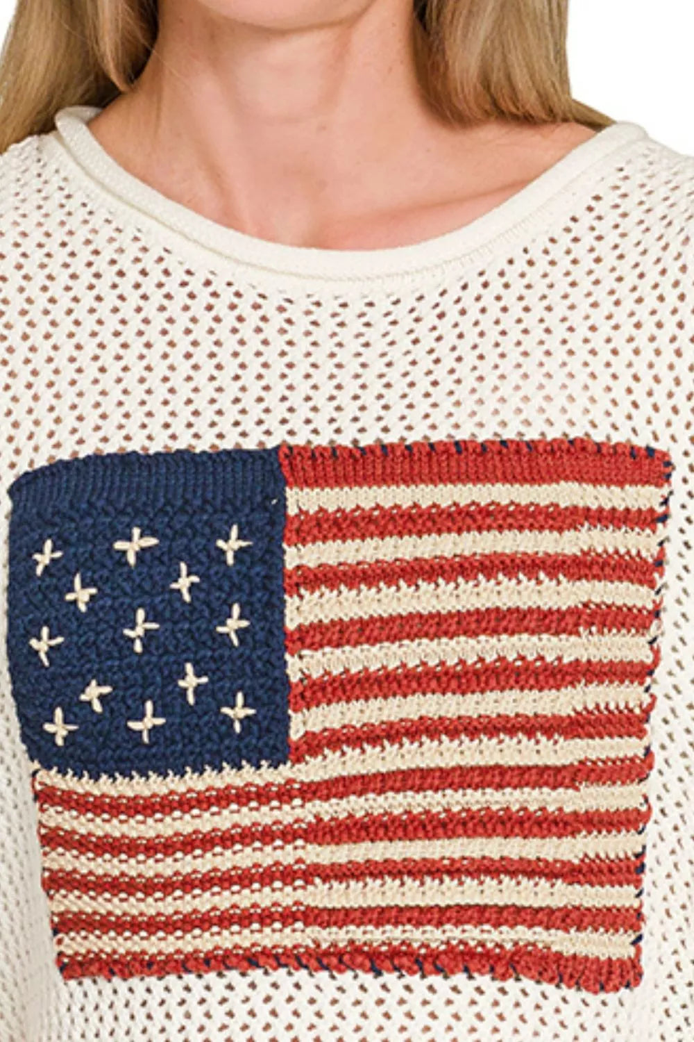Ivory Zenana American Flag Crew Neck Sweater 1