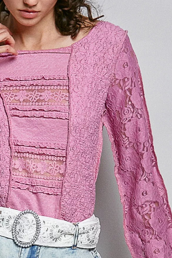 Pol Round Neck Long Sleeve Exposed Seam Top With Lace Detail 1