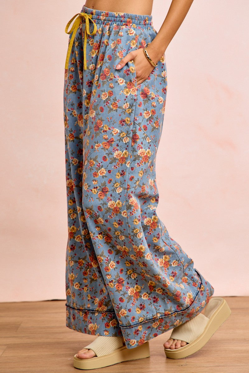 Denim Bibi Floral Printed Drawstring Wide Pants