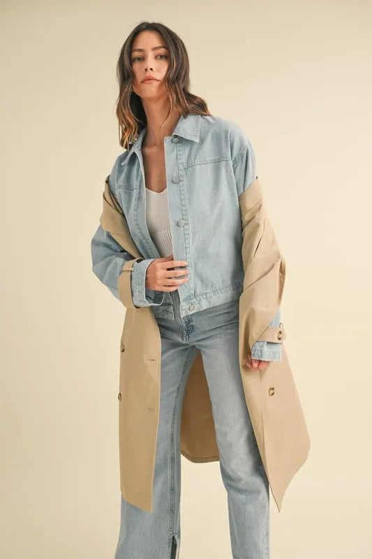 Mable Layered Look Trench Coat With Denim Jacket